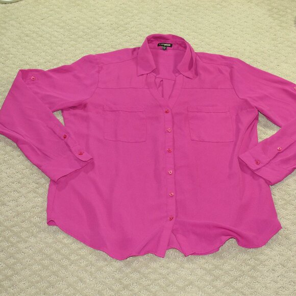 Express Tops - Express Women's Size L Flowy Fuchsia Button Up Roll Tab Sleeve Blouse